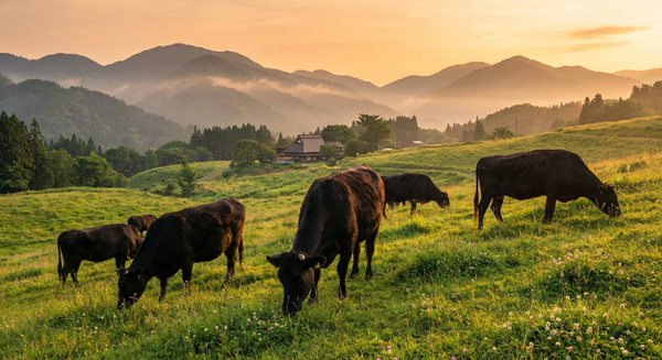 Japanese Wagyu cattle grazing in pastoral setting