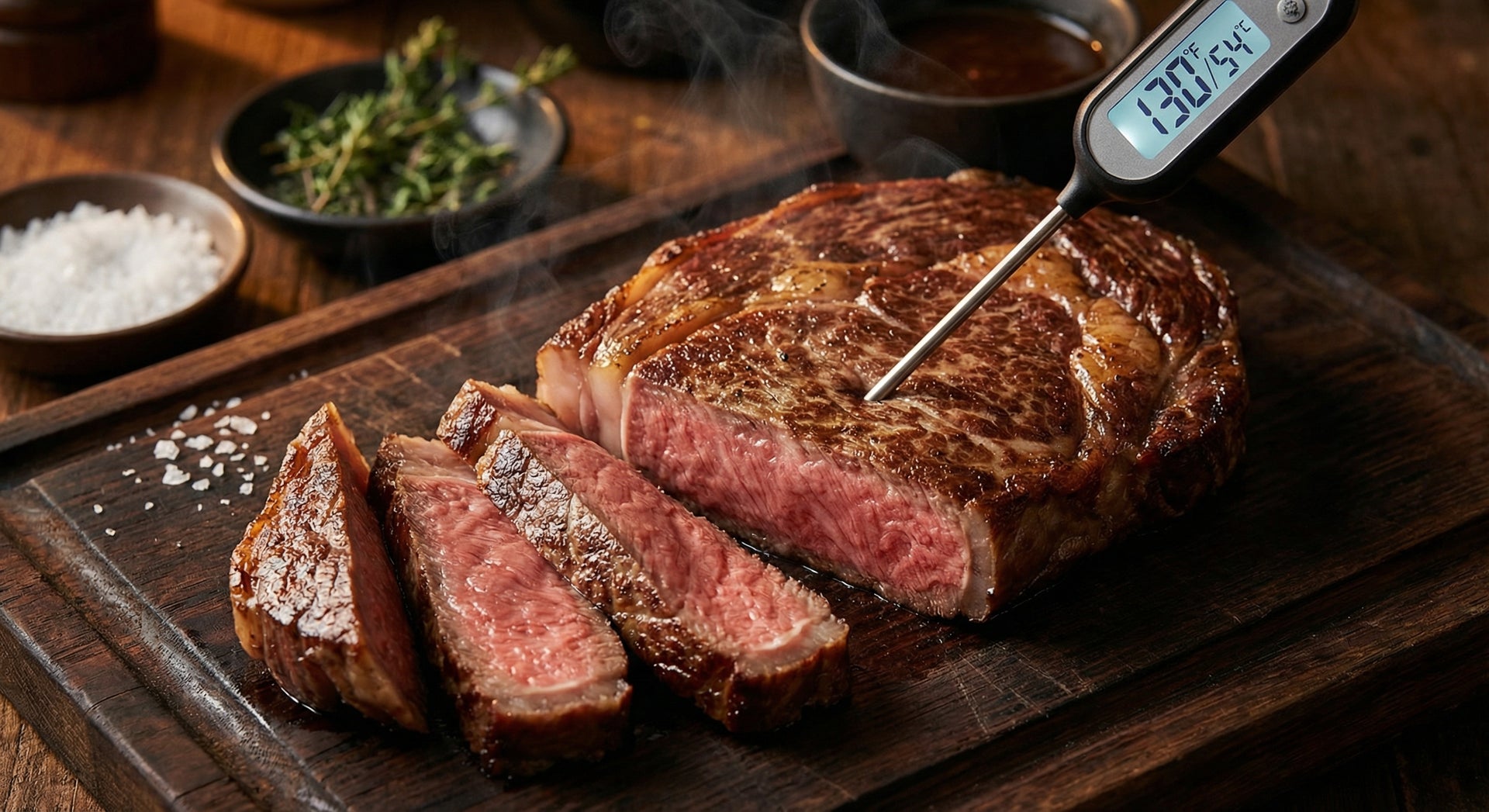 Wagyu steak temperature guide with sliced medium-rare interior and thermometer