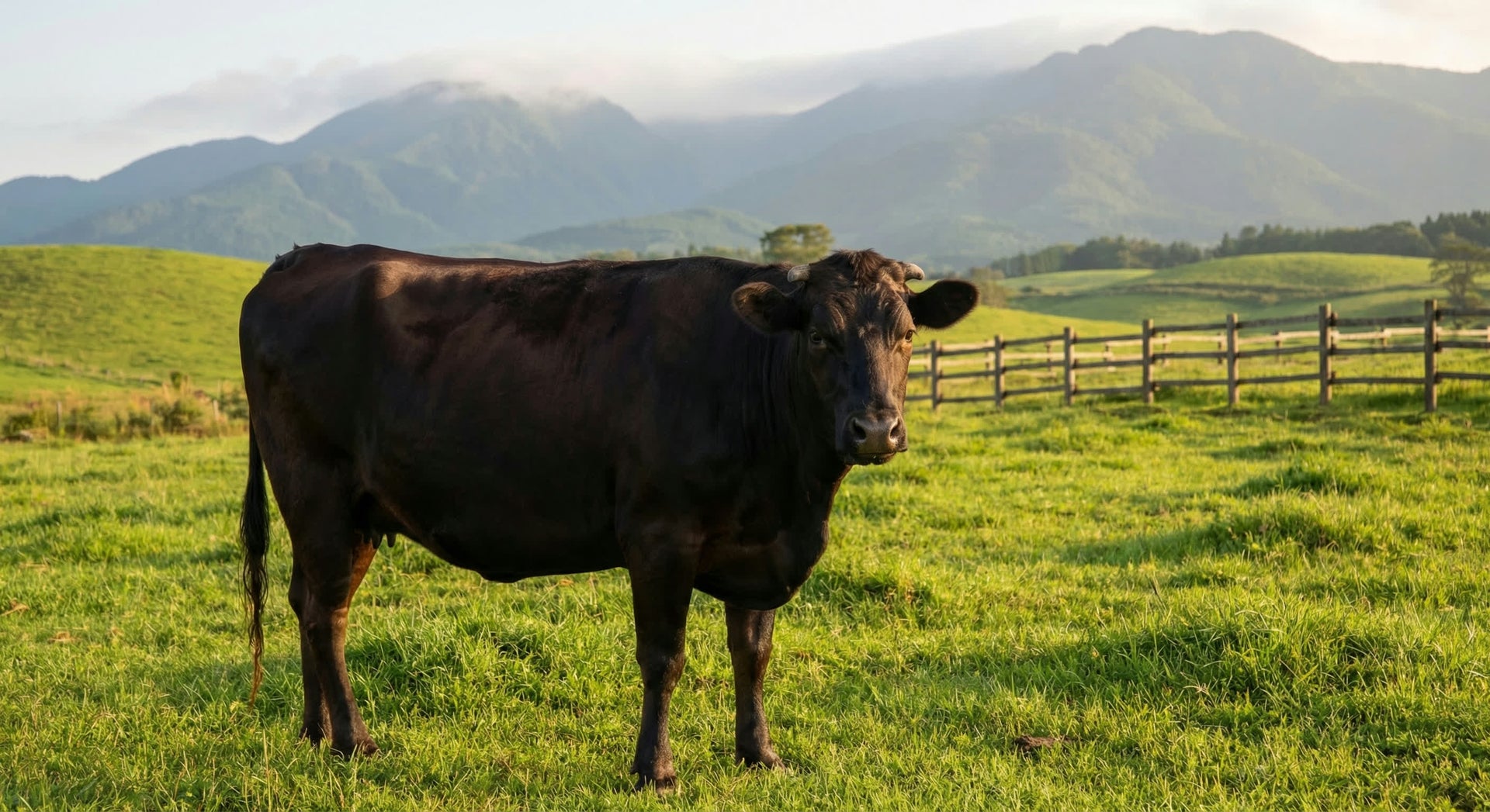 Japanese Black wagyu cow in green pasture in rural Japan