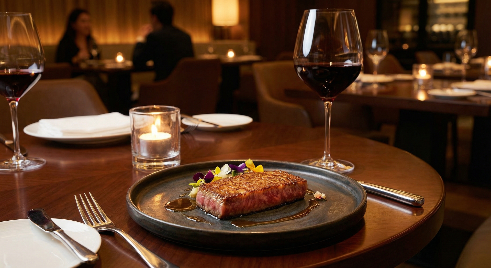 Luxurious wagyu dinner setting with perfectly seared A5 steak