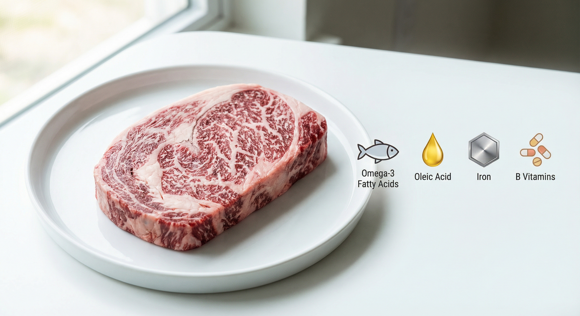 Wagyu steak cross-section showing marbling pattern and nutritional density
