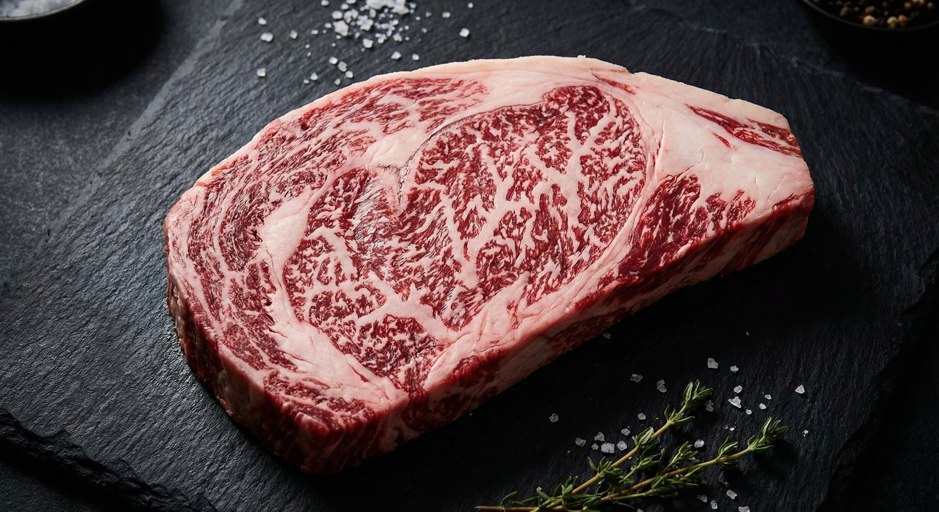 Close-up of A5 Japanese wagyu ribeye showing dense white marbling throughout deep red beef