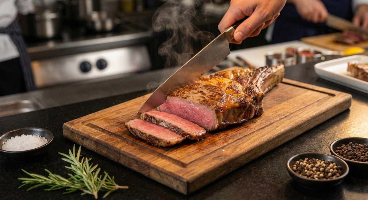 Perfectly seared wagyu steak being sliced showing pink interior and golden crust - AI generated
