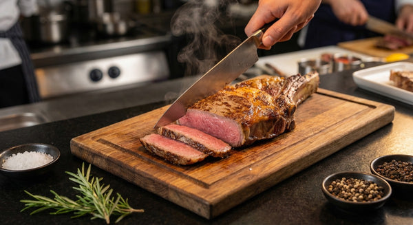 Perfectly seared wagyu steak being sliced showing pink interior and golden crust - AI generated