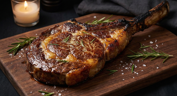 Seared wagyu tomahawk steak with golden crust and visible marbling on a dark cutting board