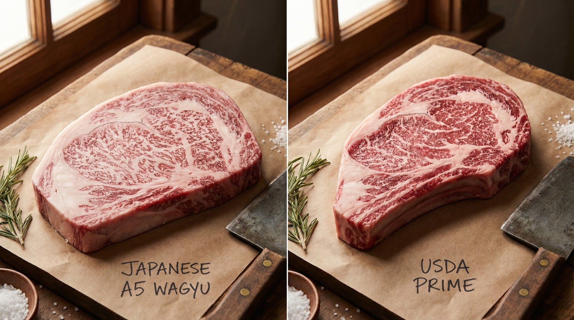 Side by side comparison of wagyu and USDA prime beef steaks