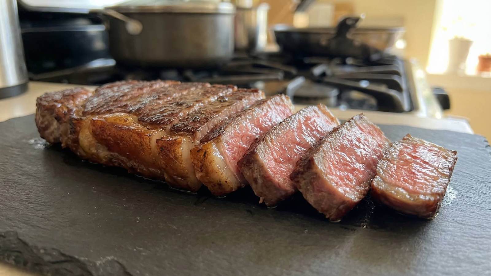Cooked Japanese A5 Wagyu Miyazaki New York Strip - closeup