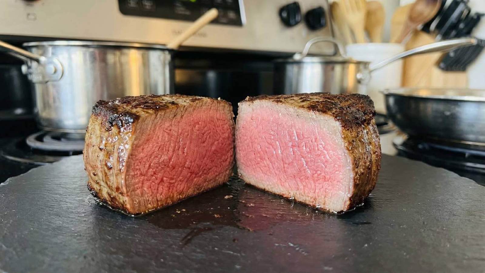 Cooked Australian Wagyu Filet Mignon - closeup