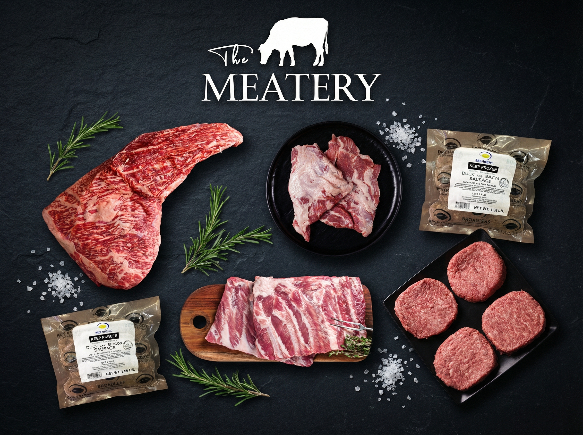 The Grill Master Box by The Meatery — Australian wagyu tri tip, Iberico pork abanico steak, St Louis pork ribs, duck and bacon sausage, smoked duck sausage, and 2 free wagyu burger patties