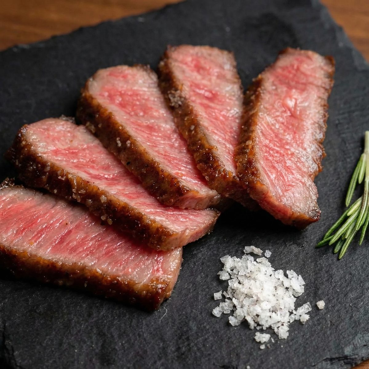 Perfectly seared wagyu slices on slate board with rosemary and sea salt